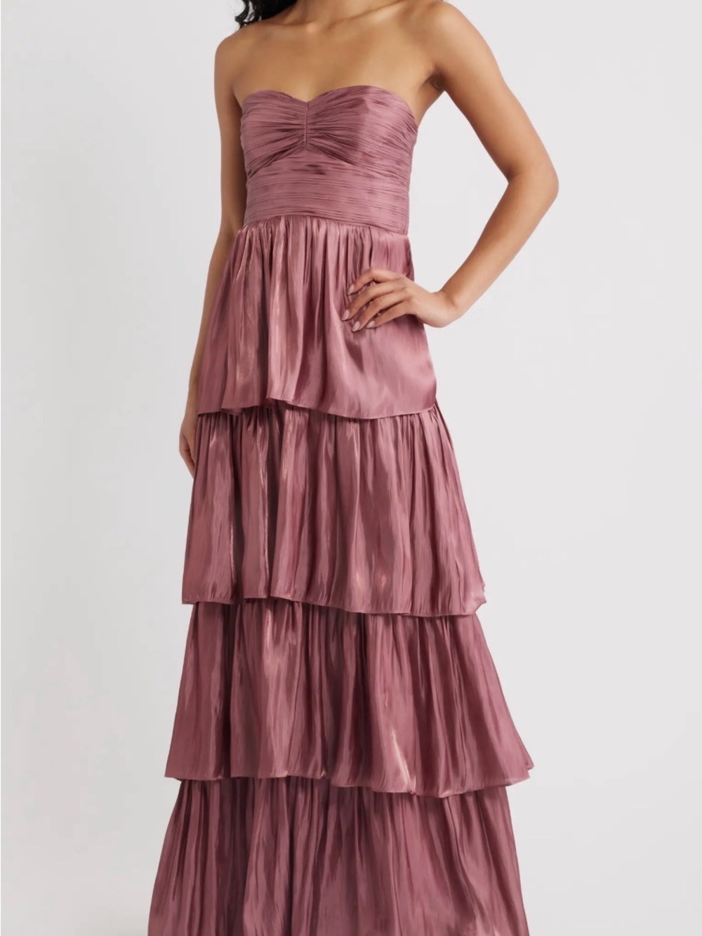 Lulu's Strapless Tiered Satin Maxi Dress - Mauve Rose